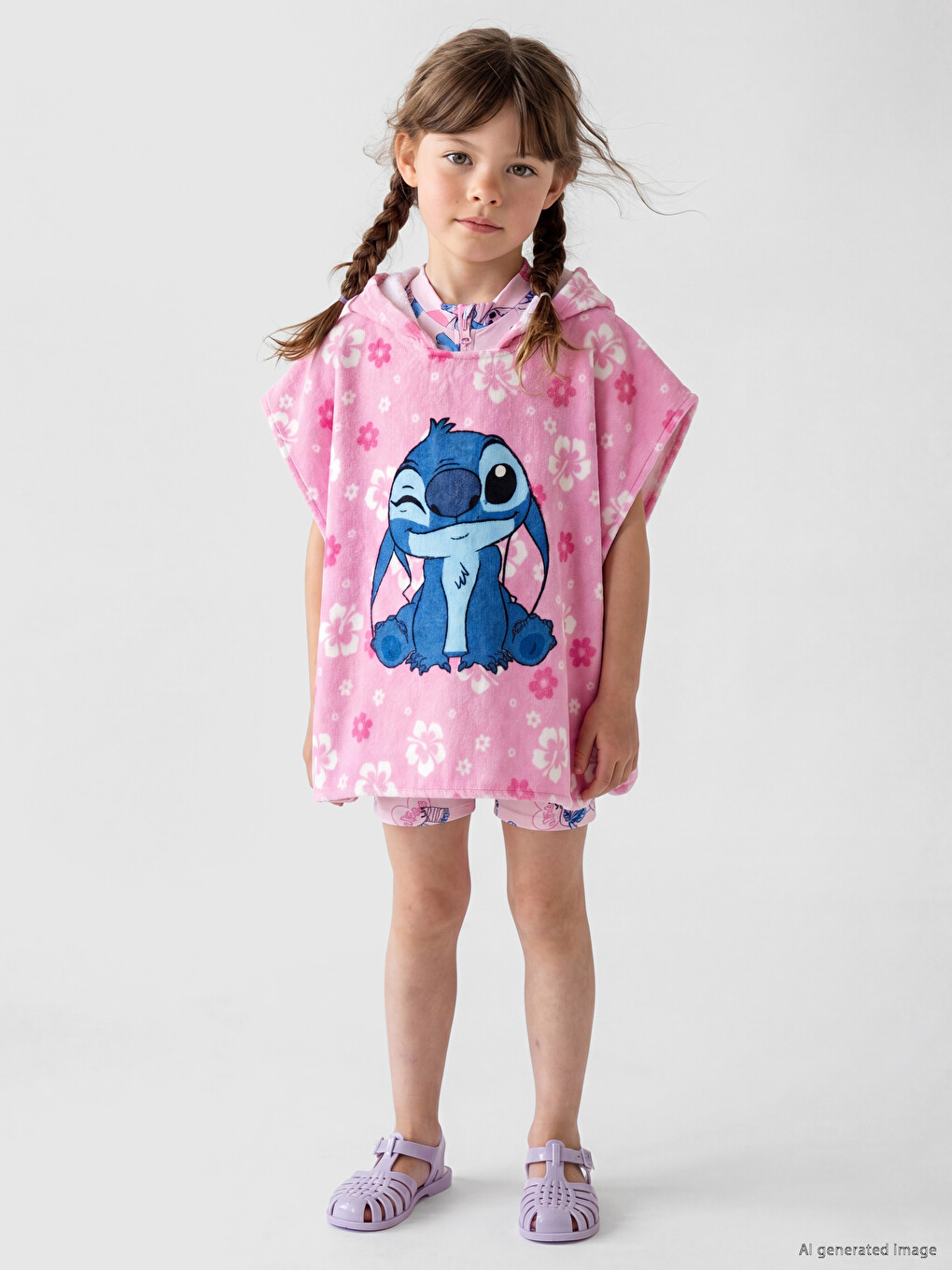 Stitch štampani pamučni devojački peškir pončo