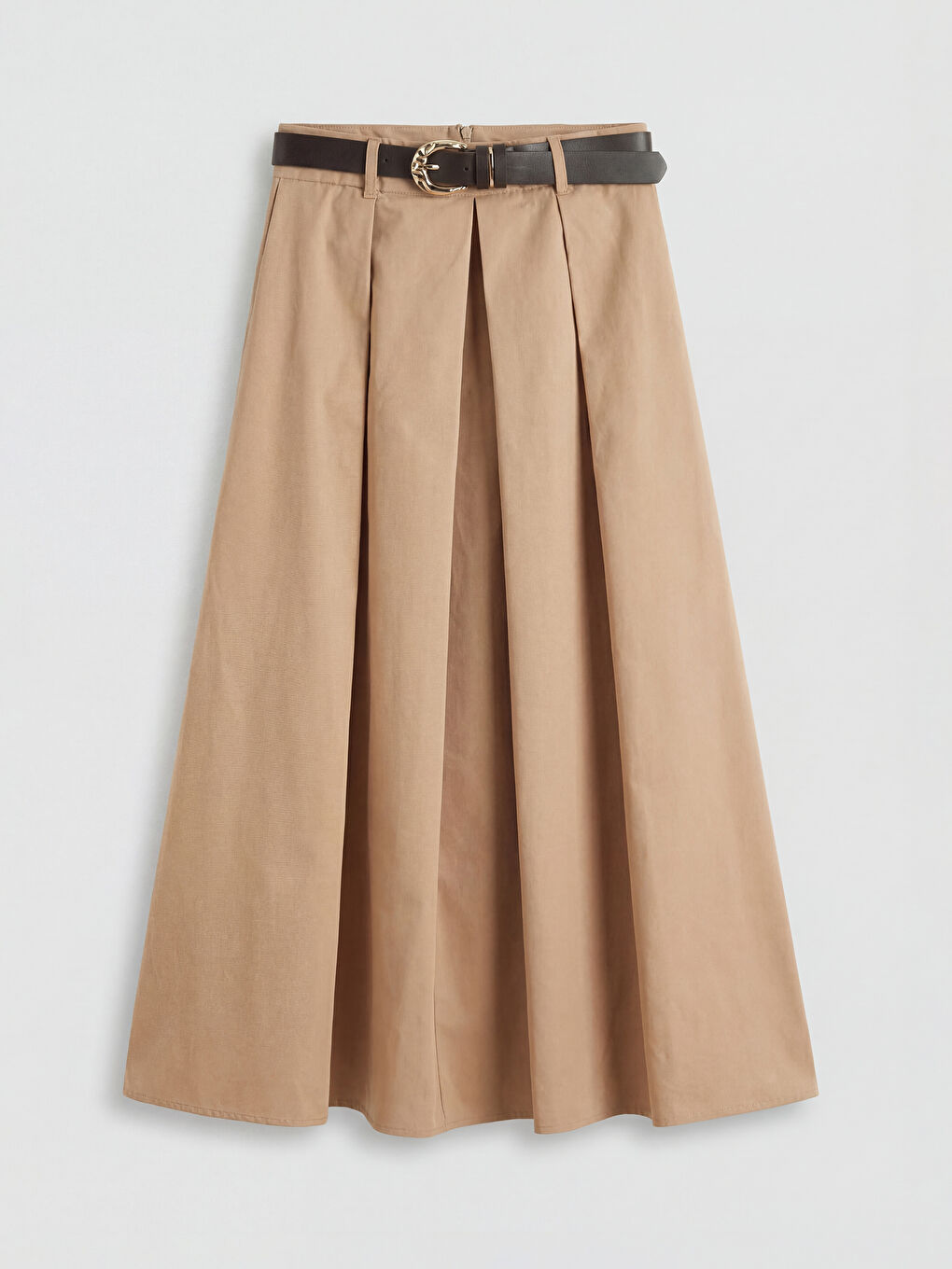 Bej Beli Kemerli Poplin Pileli Etek	