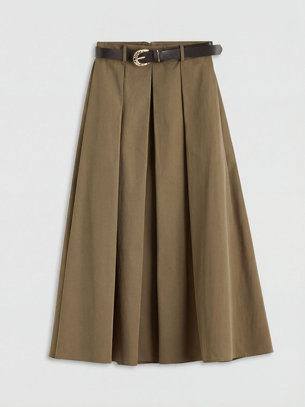 Haki Beli Kemerli Poplin Pileli Etek	