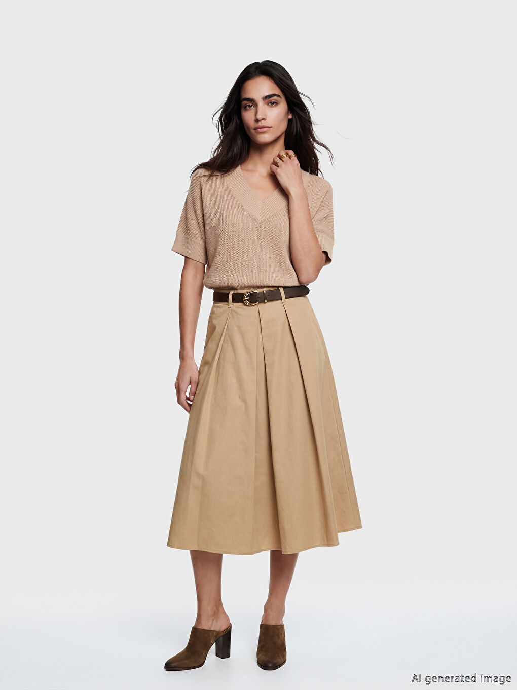 Bej Beli Kemerli Poplin Pileli Etek	