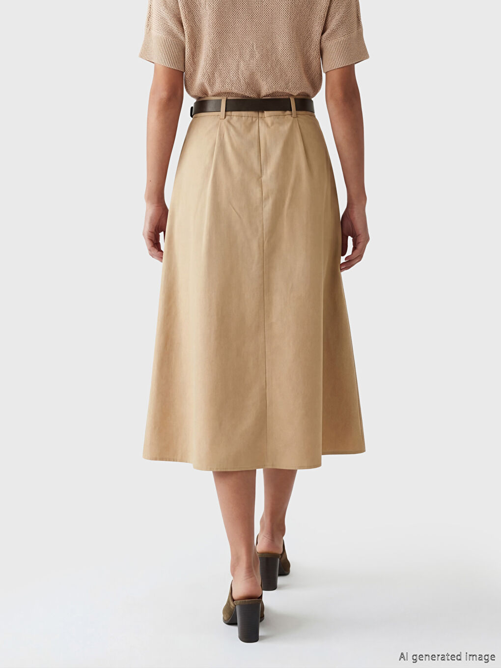 Bej Beli Kemerli Poplin Pileli Etek	-3