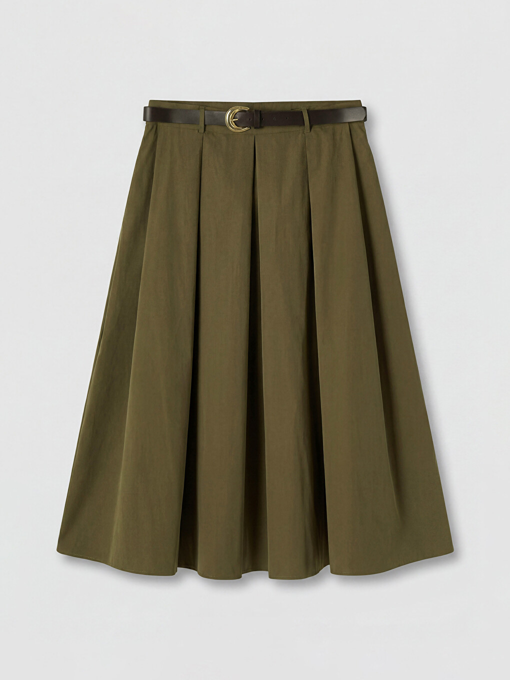 Haki Beli Kemerli Poplin Pileli Etek	-4
