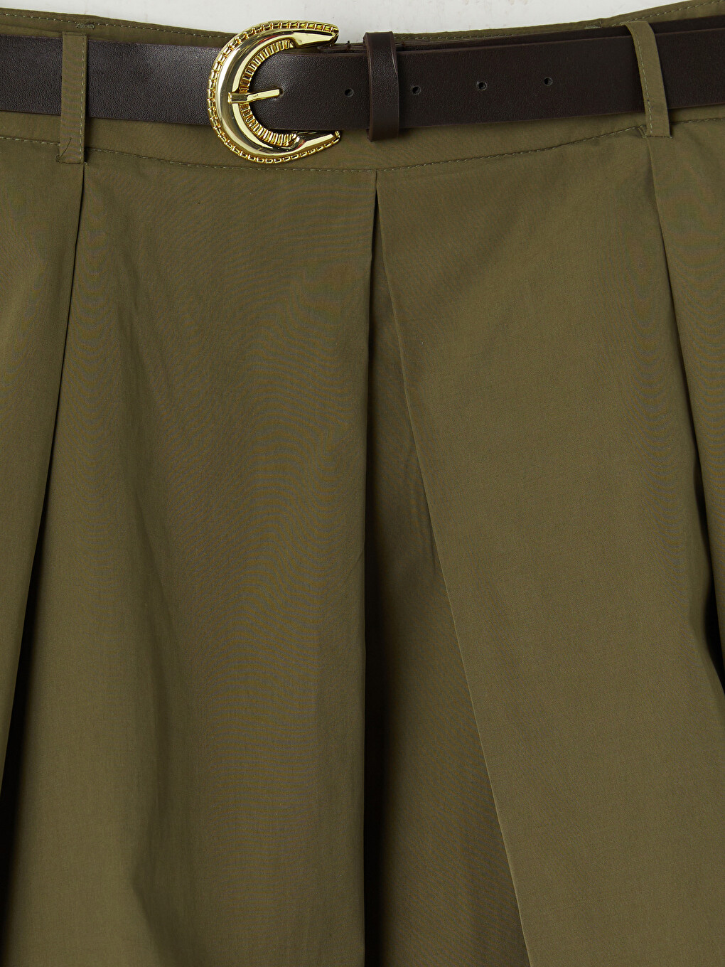 Haki Beli Kemerli Poplin Pileli Etek	-6