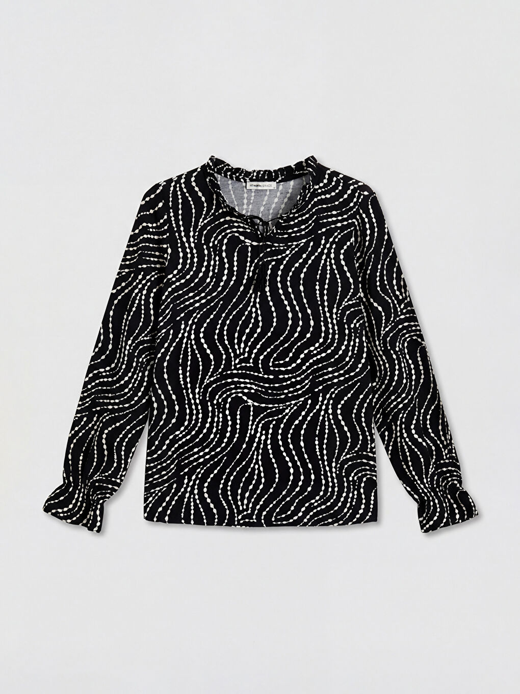 Siyah Bağlamalı Yaka Desenli Bluz-4