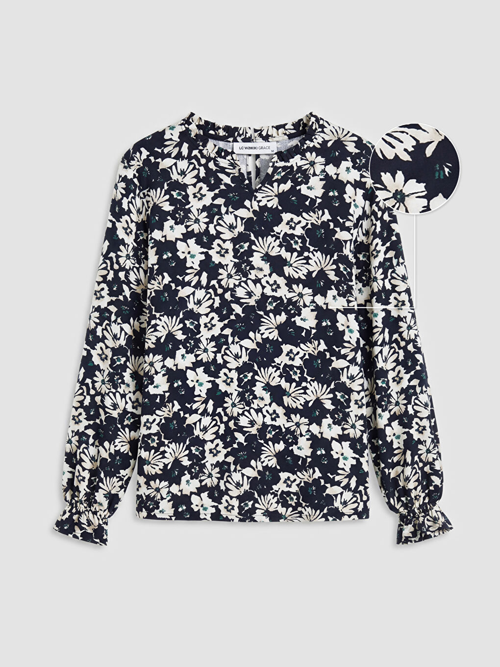 Lacivert Bağlamalı Yaka Çiçekli Bluz-4