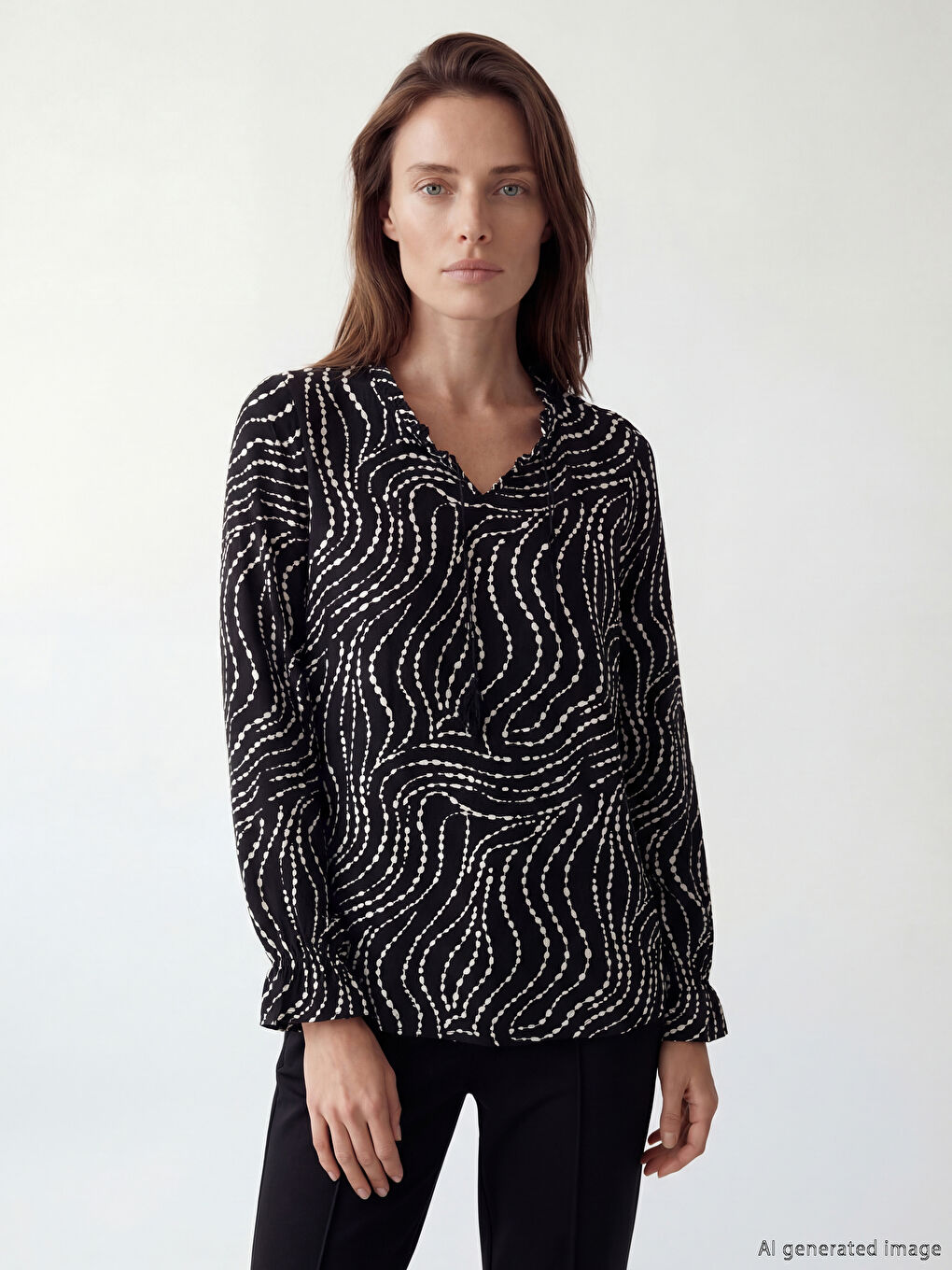 Siyah Bağlamalı Yaka Desenli Bluz