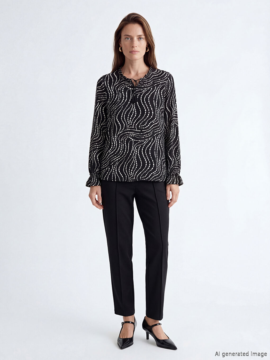 Siyah Bağlamalı Yaka Desenli Bluz-1