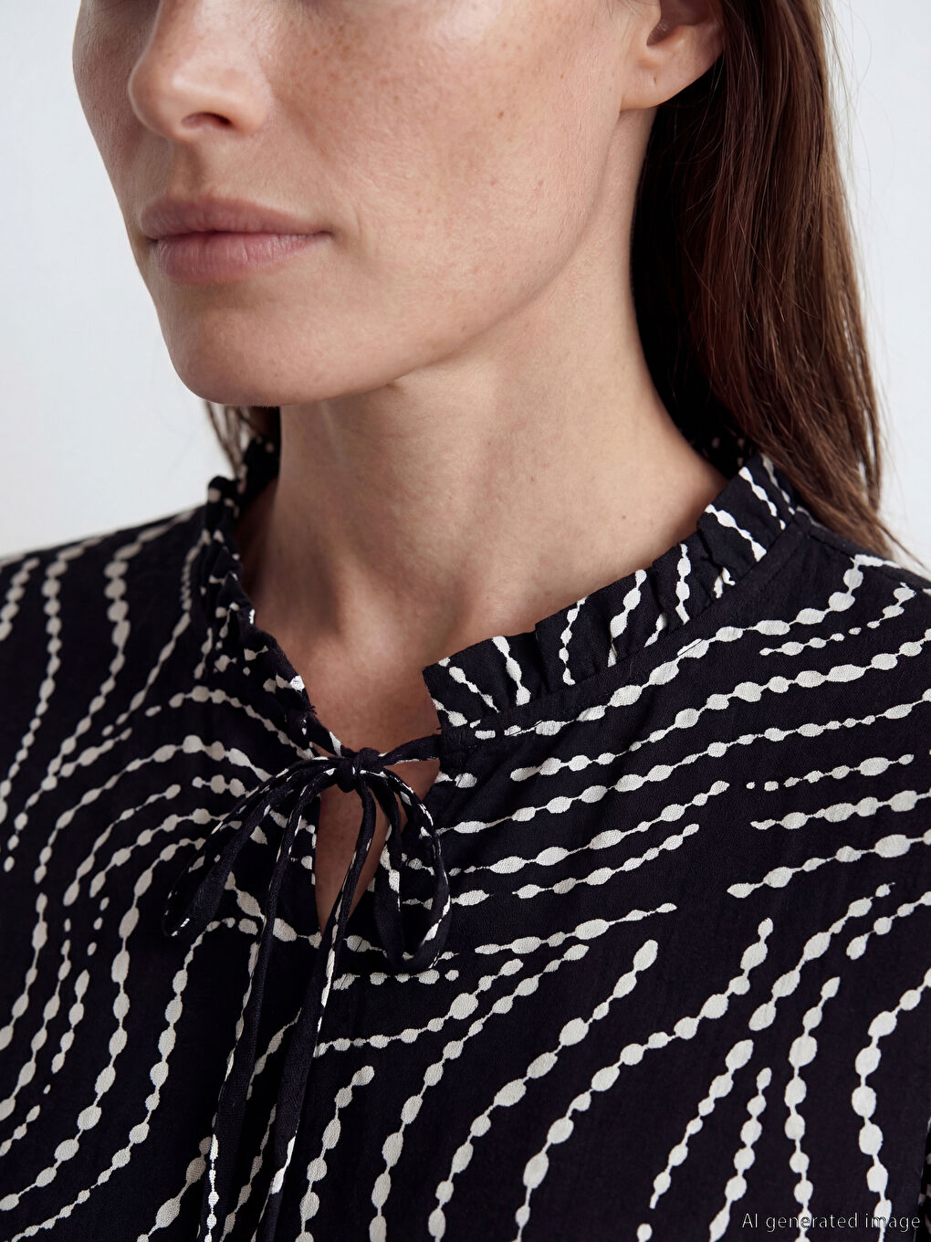 Siyah Bağlamalı Yaka Desenli Bluz-2