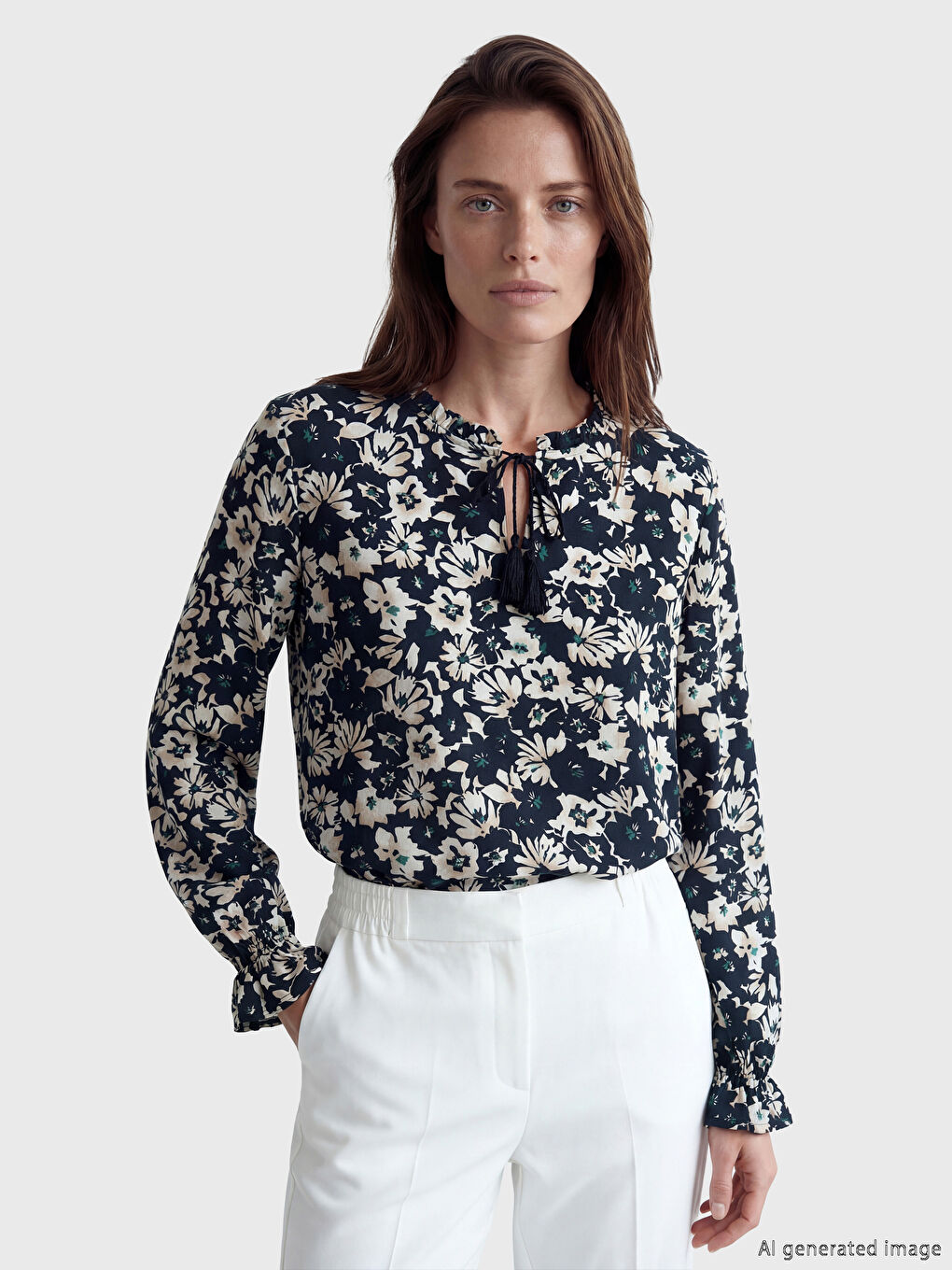 Lacivert Bağlamalı Yaka Çiçekli Bluz