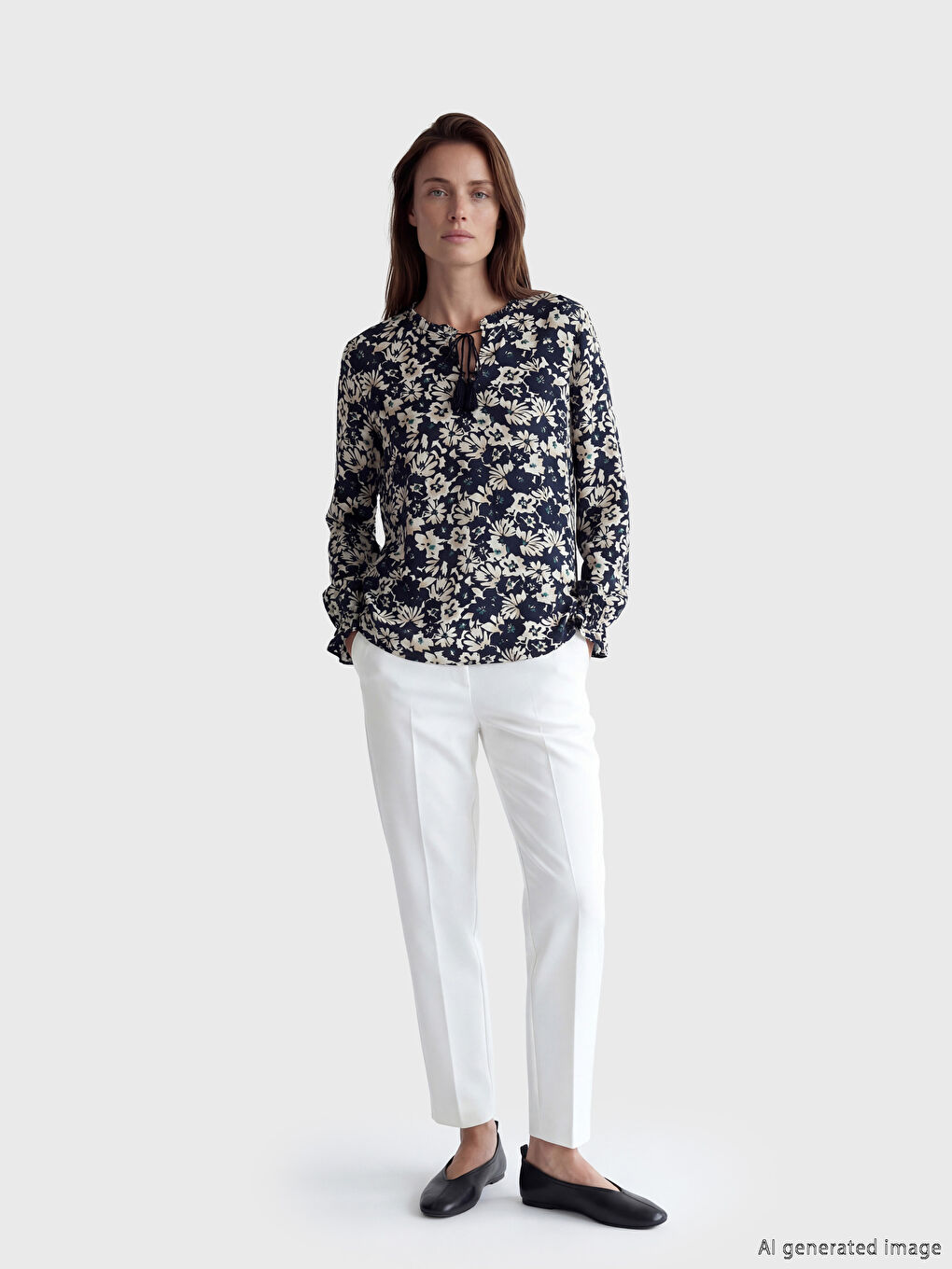 Lacivert Bağlamalı Yaka Çiçekli Bluz-1