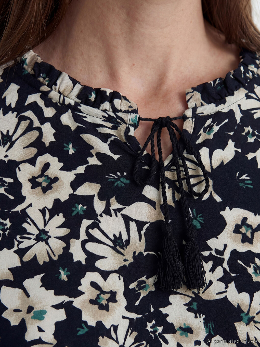 Lacivert Bağlamalı Yaka Çiçekli Bluz-2