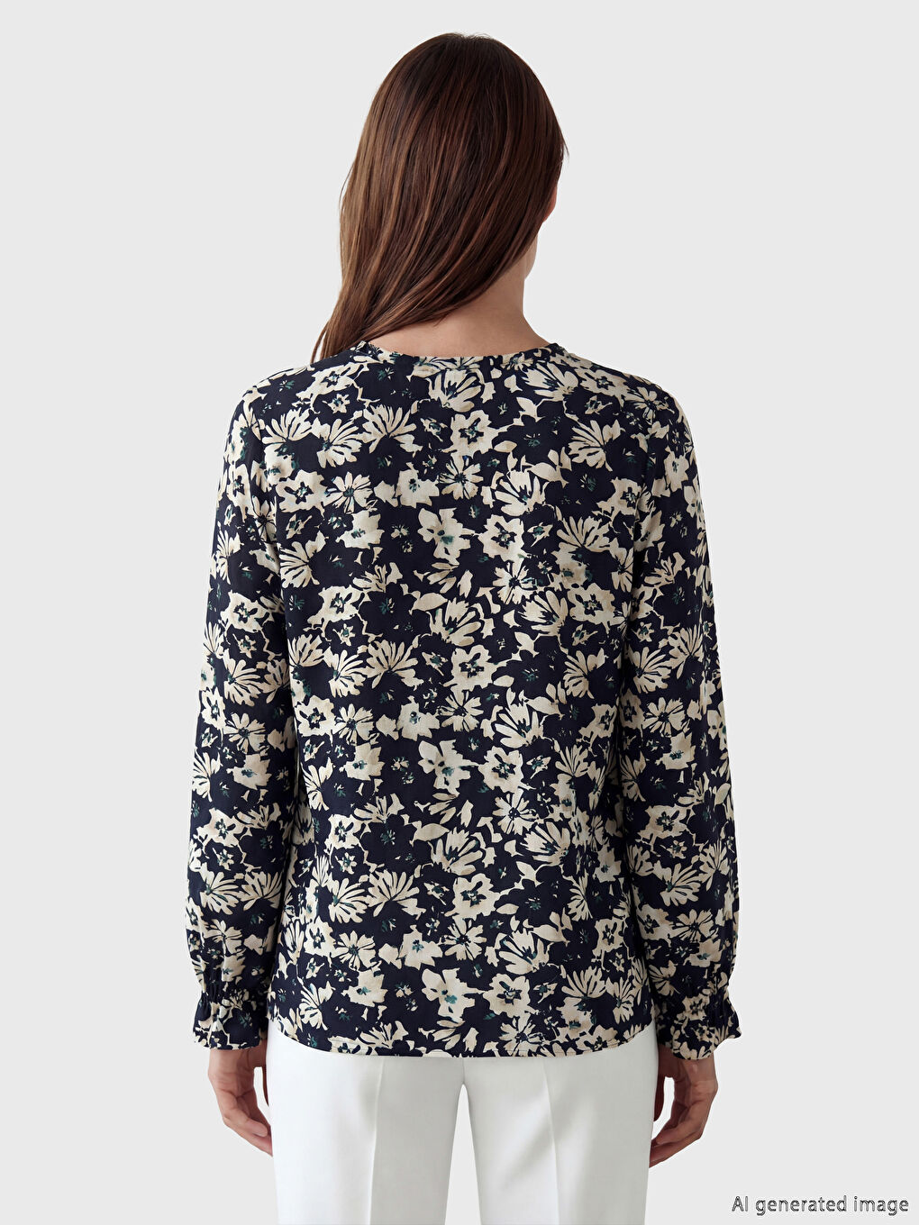 Lacivert Bağlamalı Yaka Çiçekli Bluz-3