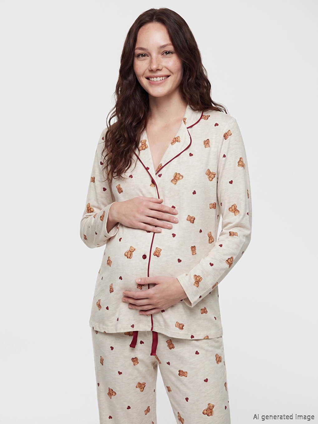 Bej Gömlek Yaka Desenli Hamile Pijama Üst