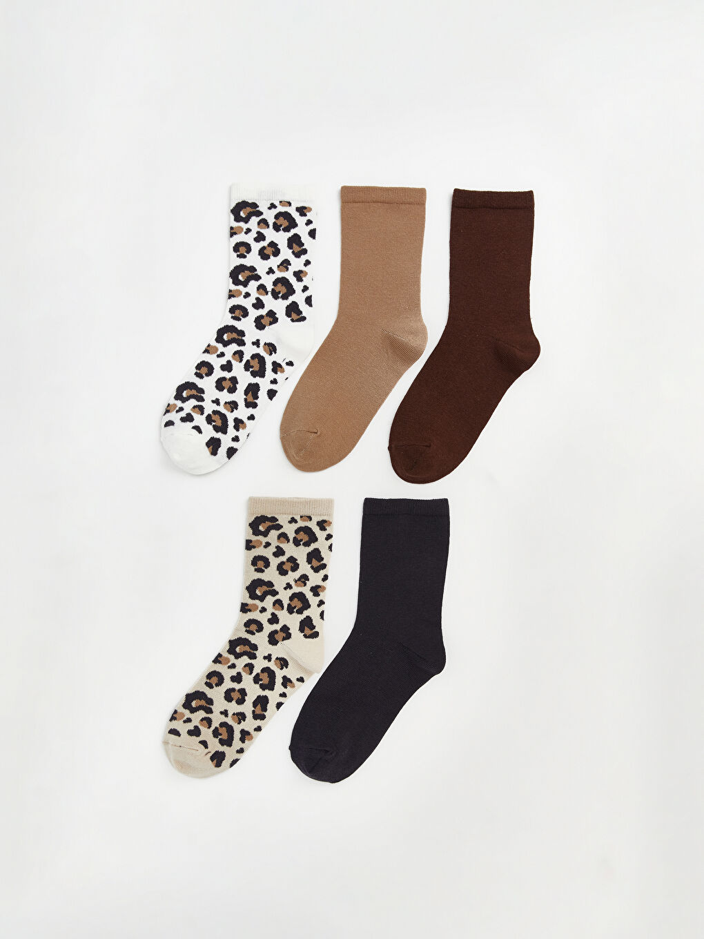 Bej Leopar Desenli Kadın Soket Çorap 5'li