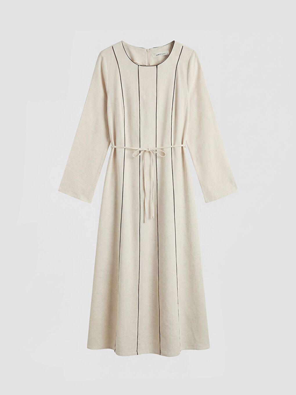 Ekru Bisiklet Yaka Keten Karışımlı A Kesim Elbise