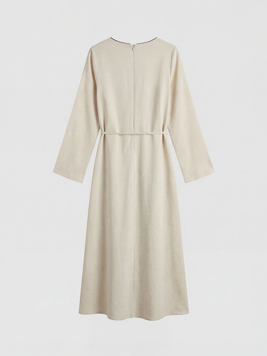 Ekru Bisiklet Yaka Keten Karışımlı A Kesim Elbise-1