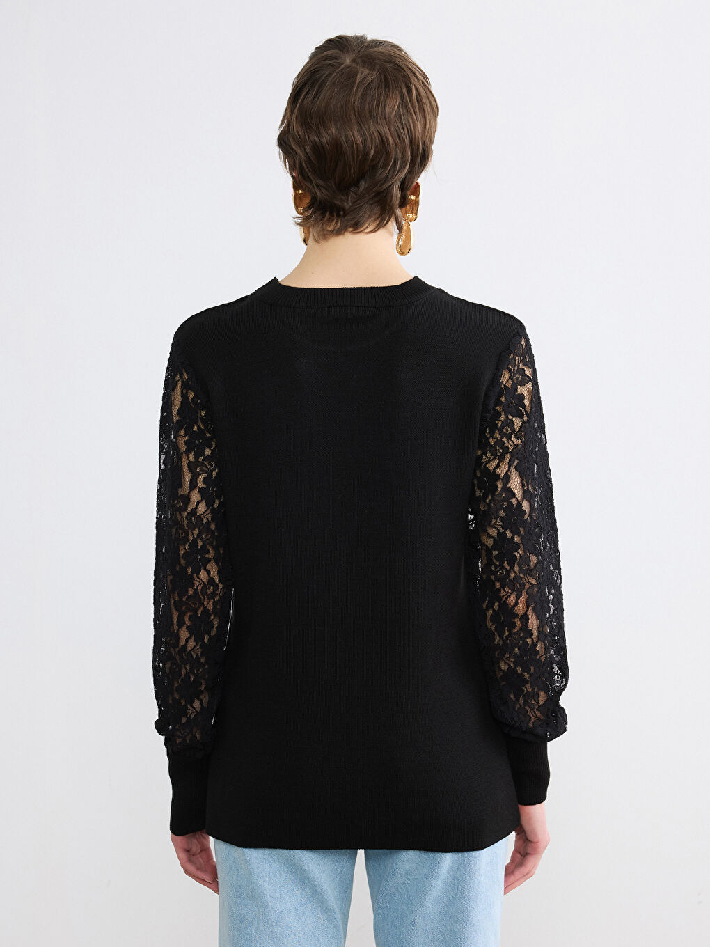 Siyah Bisiklet Yaka Dantel Detaylı Kadın Triko Kazak-4