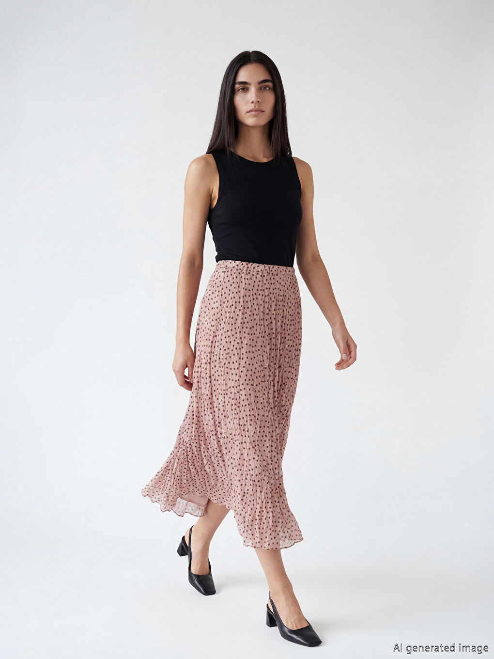 Pembe Beli Lastikli Puantiyeli Şifon Etek