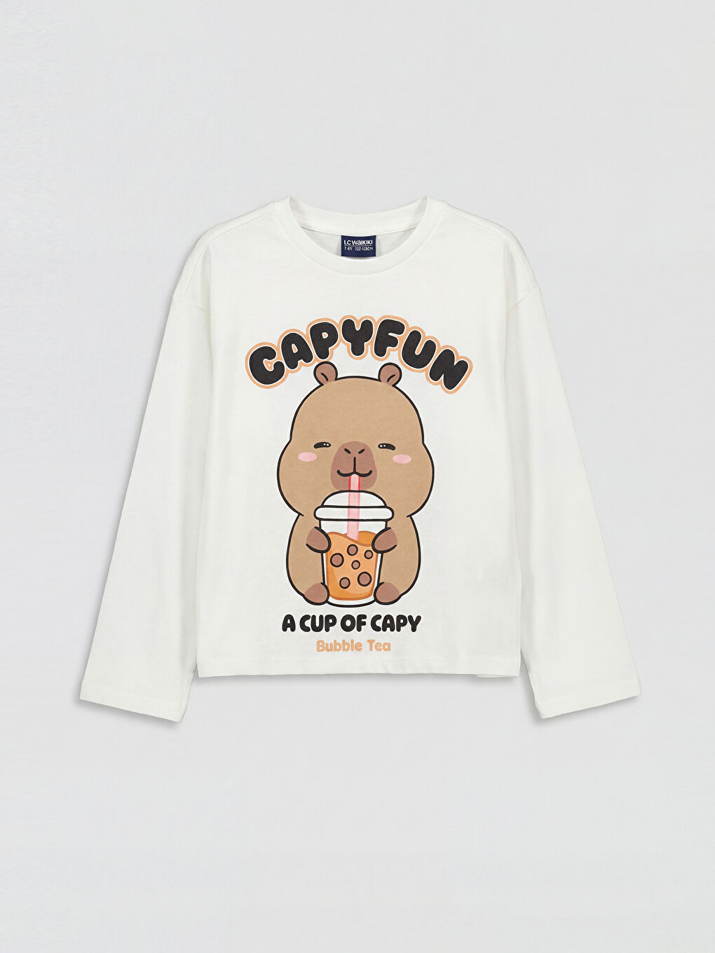 Ekru Bisiklet Yaka Capyfun Baskılı Kız Çocuk Tişört