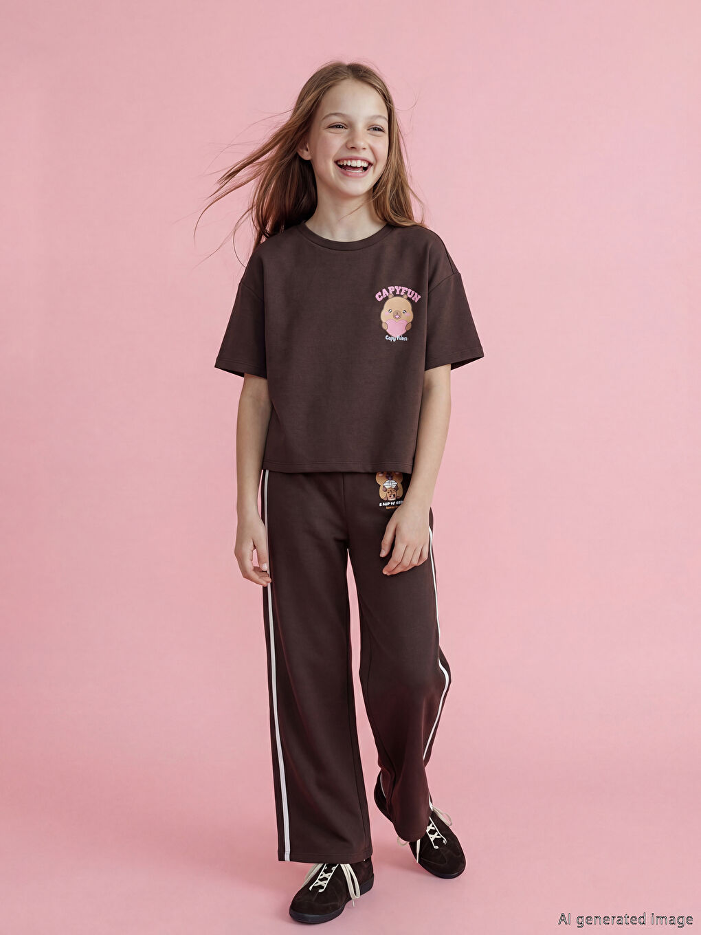 Kahverengi Capyfun Baskılı Kız Çocuk Eşofman Altı