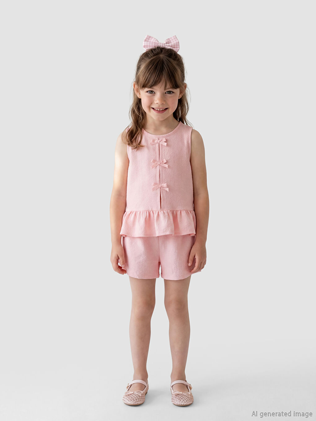 Pembe Fiyonklu Kız Çocuk Bluz ve Şort-2