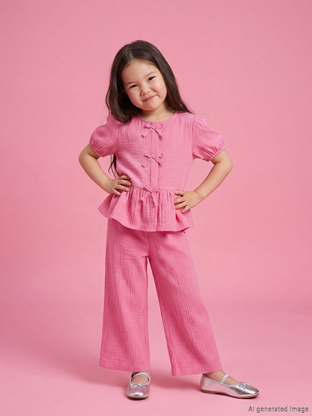 Pembe Fiyonk Detaylı Kız Çocuk Bluz ve Pantolon