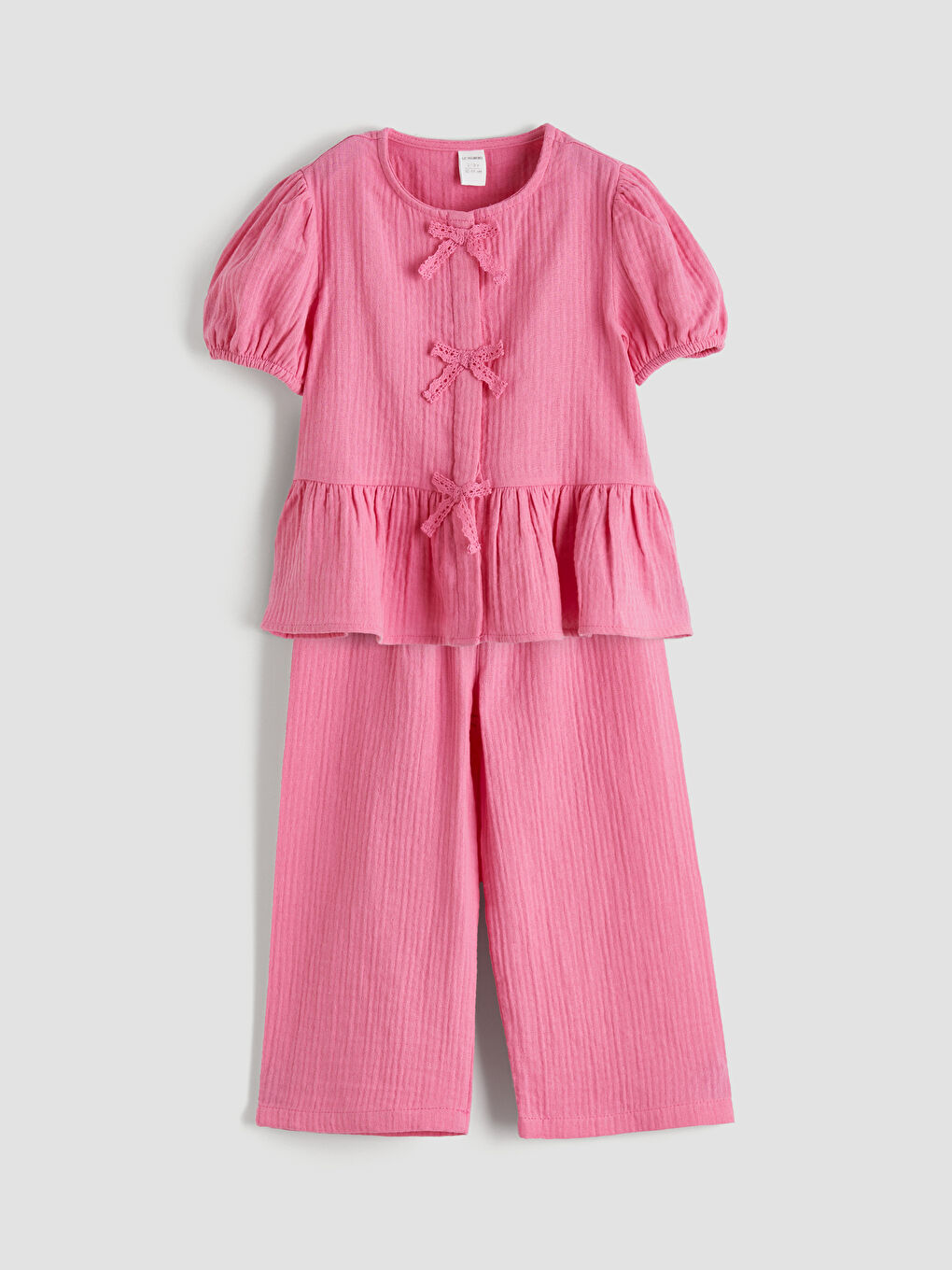 Pembe Bisiklet Yaka Fiyonk Detaylı Kız Çocuk Bluz ve Pantolon