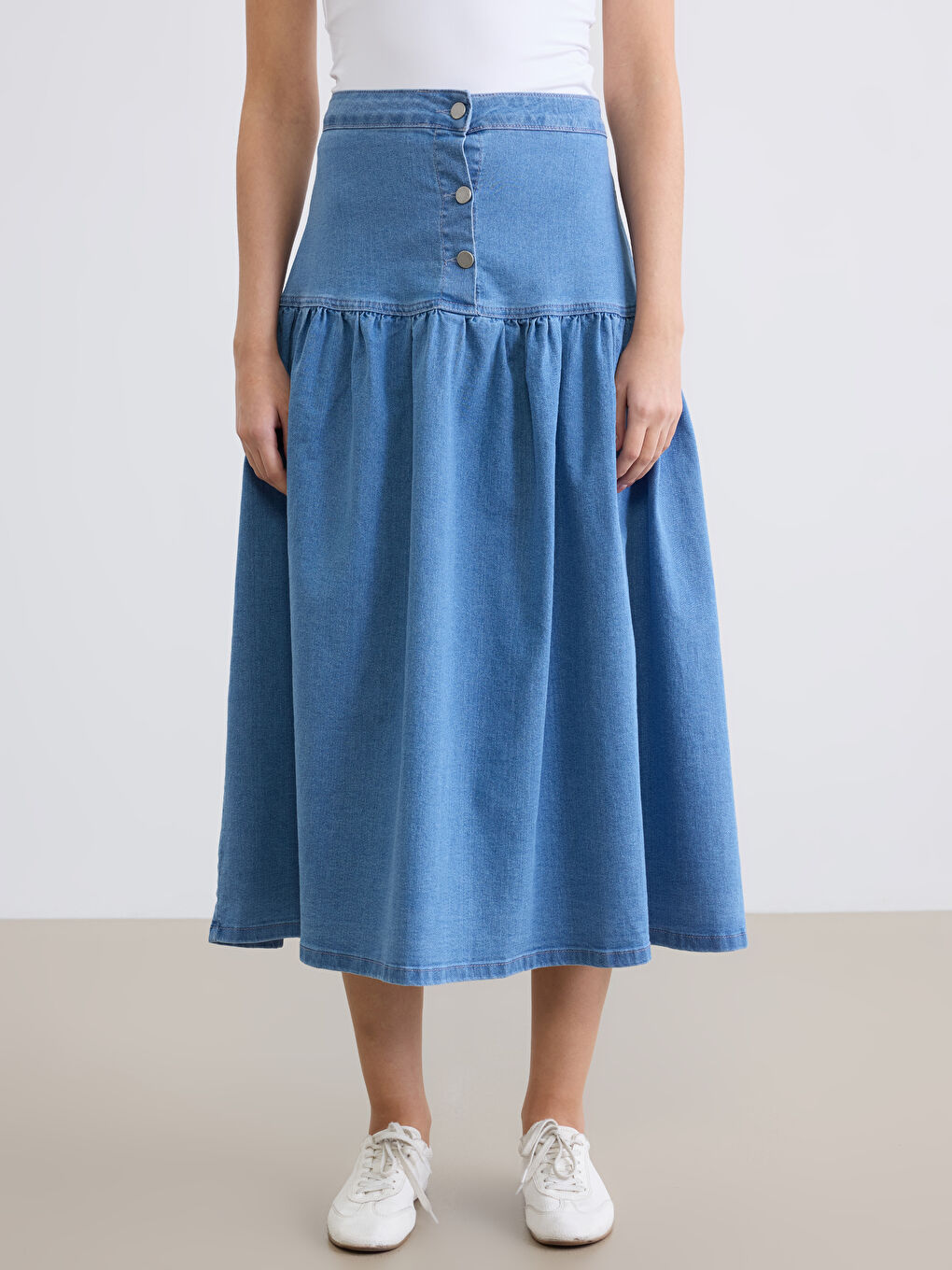 İndigo Önden Düğmeli Pileli Jean Etek-1