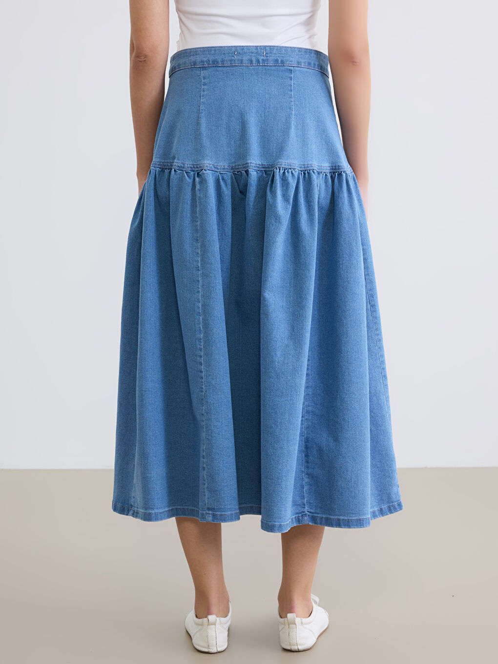 İndigo Önden Düğmeli Pileli Jean Etek-3