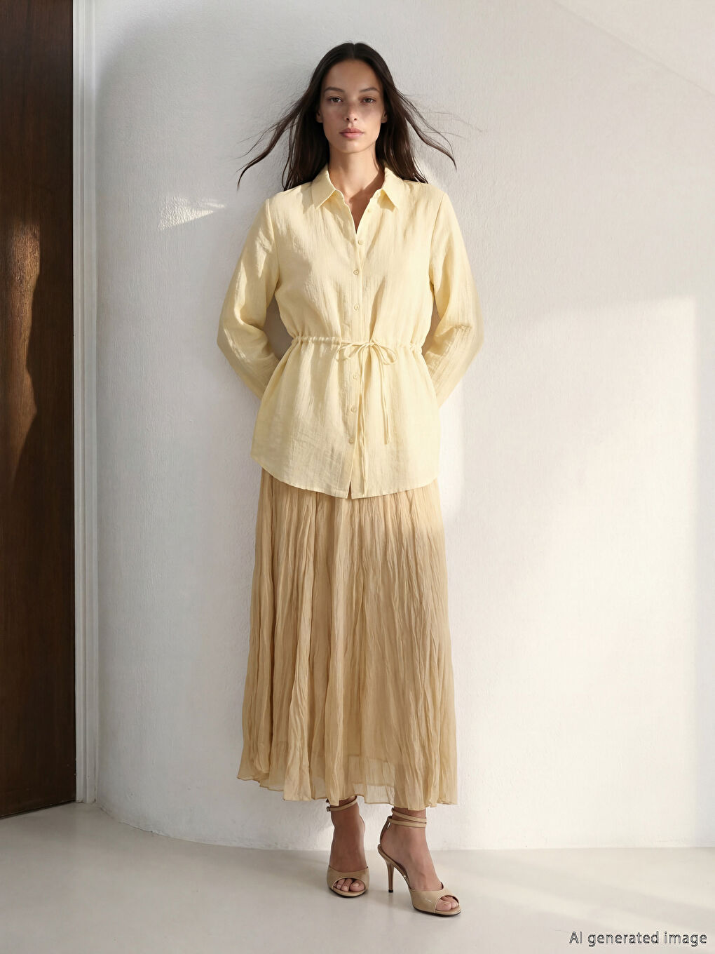 Sarı Beli Lastikli Dokulu Şifon Etek