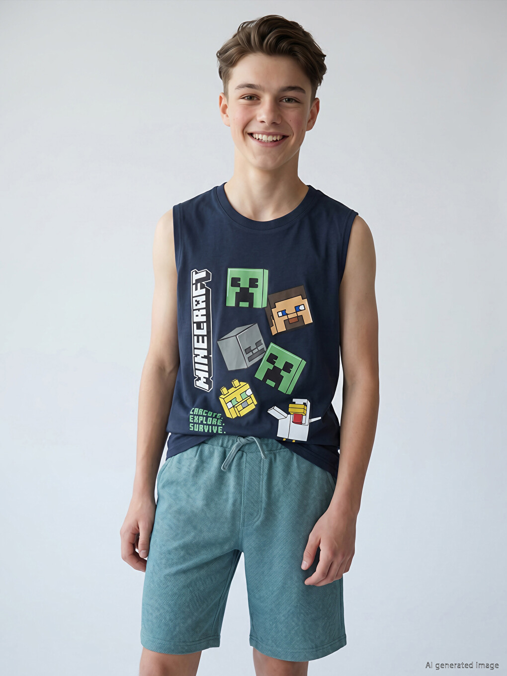 Maiou băieți imprimat Minecraft cu guler rotund-1