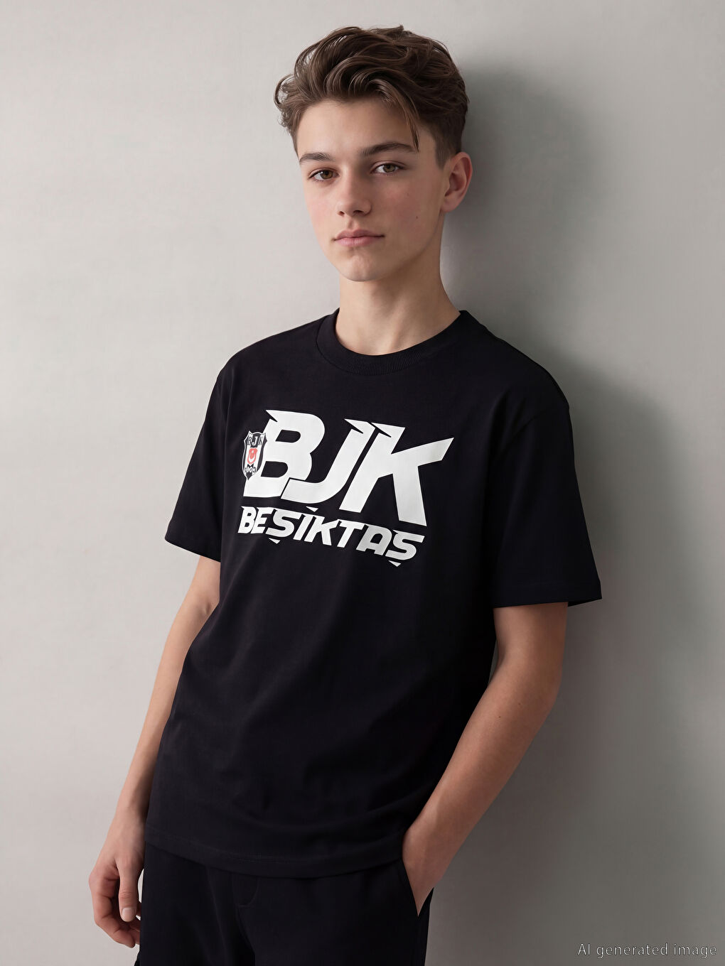 Siyah Bisiklet Yaka Beşiktaş Baskılı Erkek Çocuk Tişört