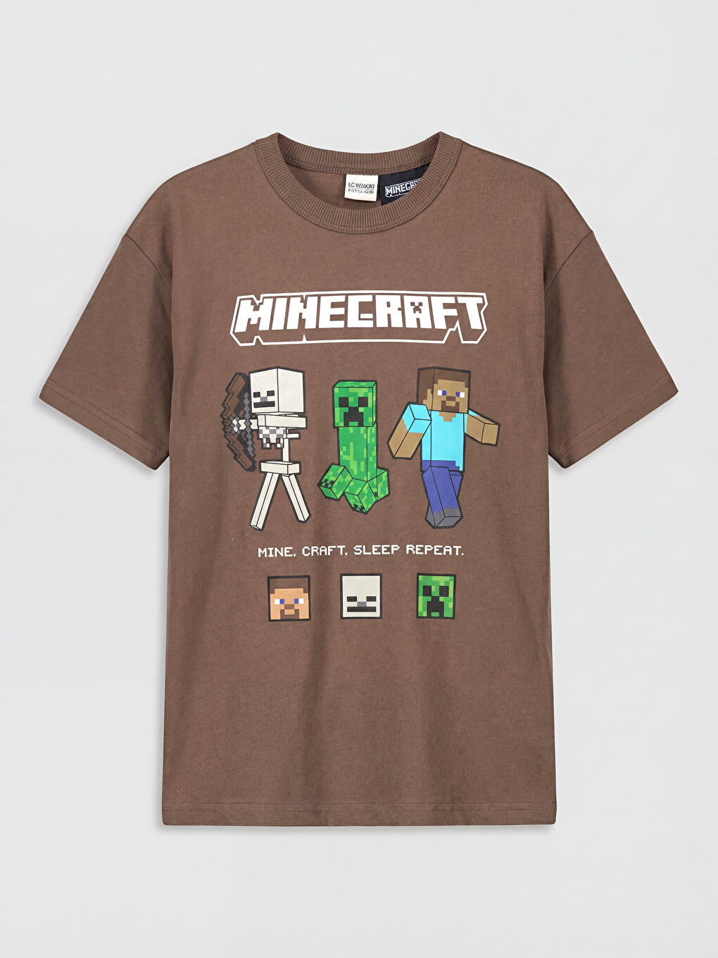 Kahverengi Bisiklet Yaka Minecraft Baskılı Erkek Çocuk Tişört