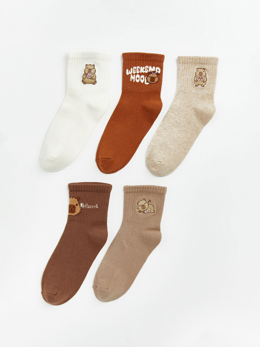 Kahverengi Nakışlı Kız Çocuk Soket Çorap 5'li