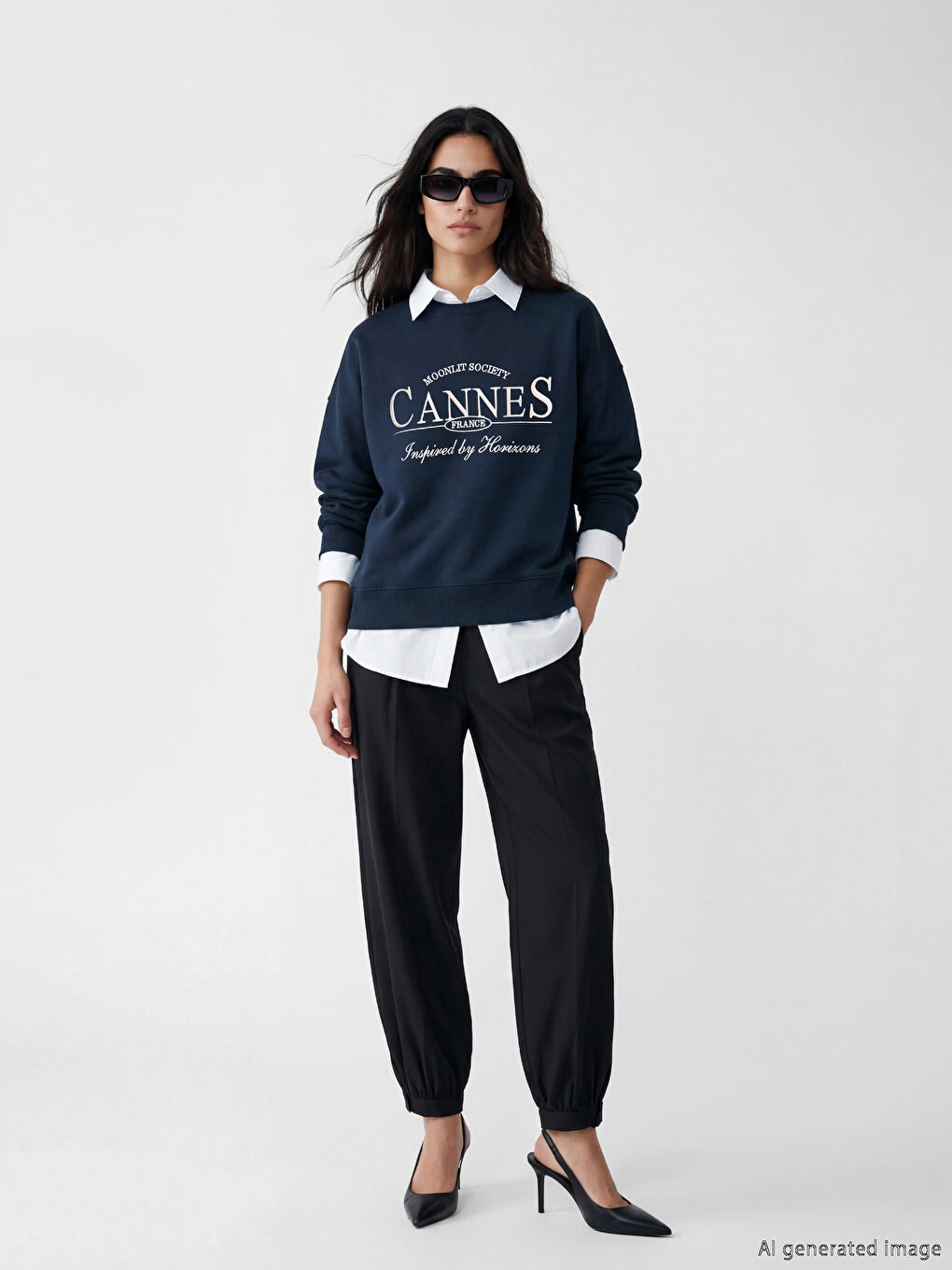 Lacivert Cannes Baskılı Oversize Kadın Sweatshirt-1