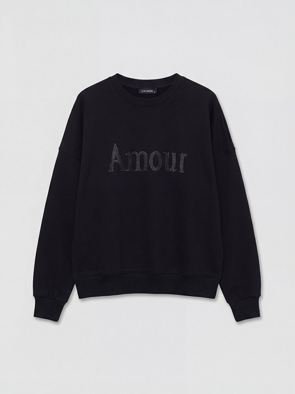 Siyah Bisiklet Yaka Taşlı Oversize Kadın Sweatshirt