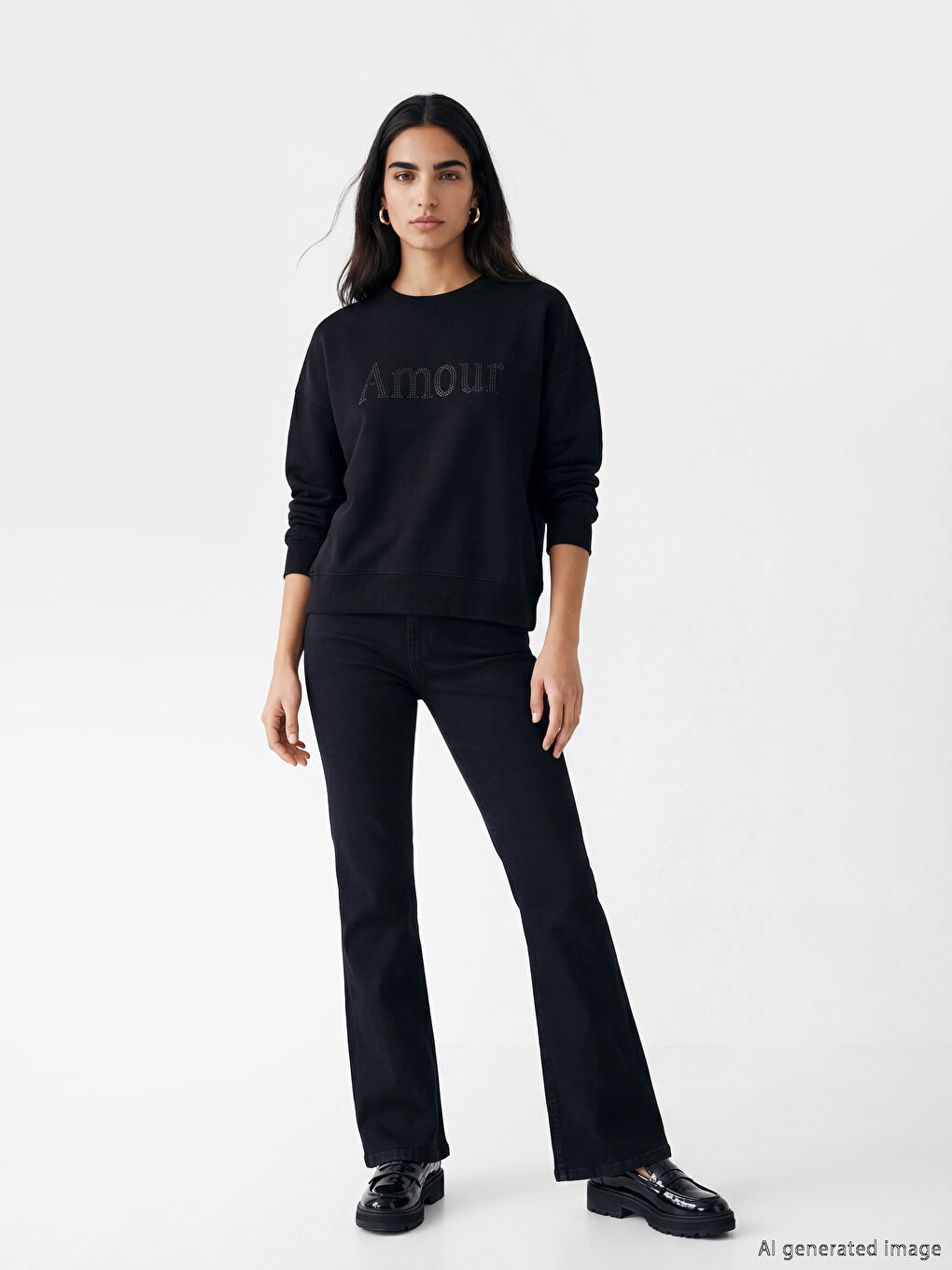 Siyah Bisiklet Yaka Taşlı Oversize Kadın Sweatshirt-1