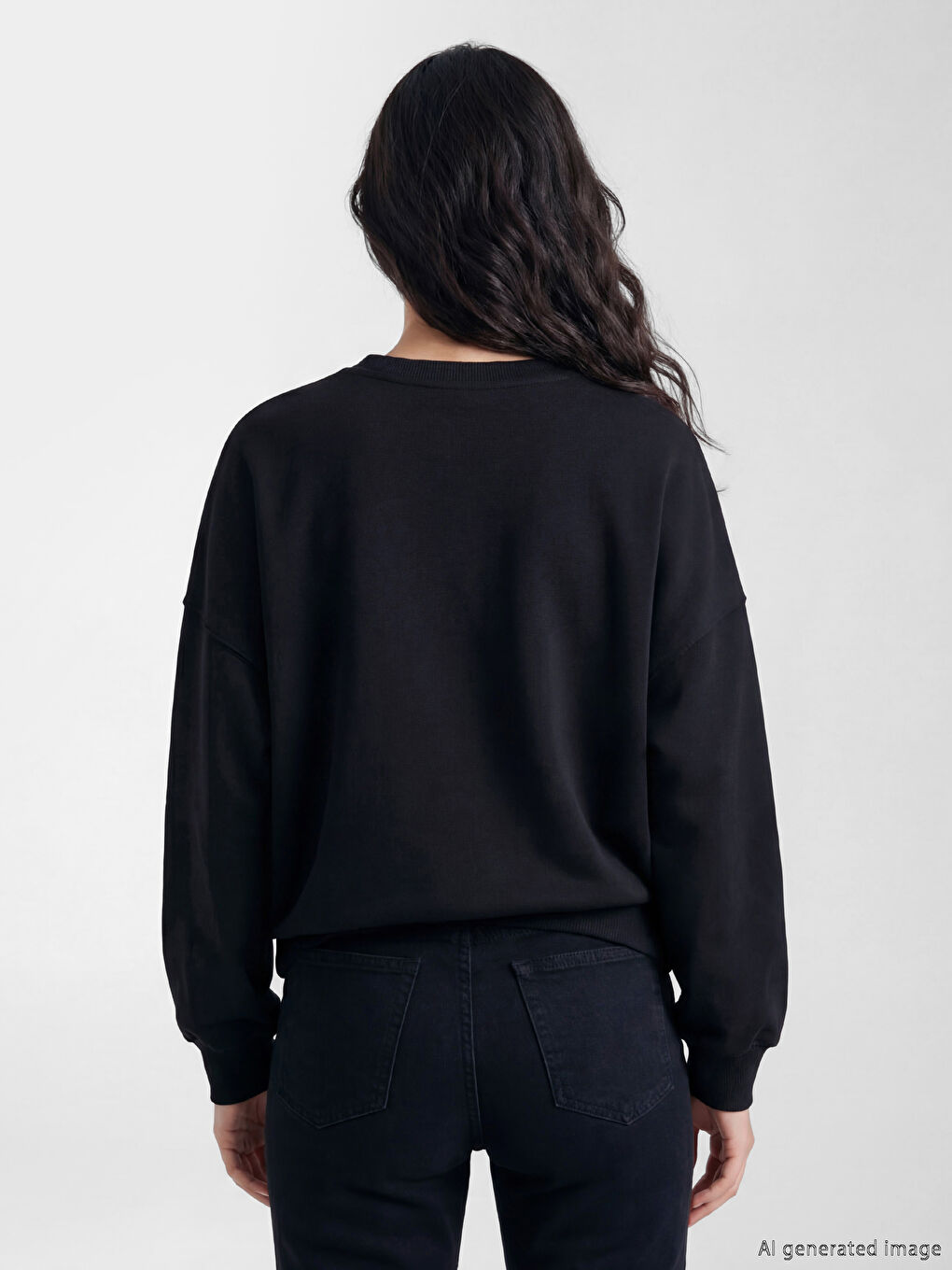 Siyah Bisiklet Yaka Taşlı Oversize Kadın Sweatshirt-2