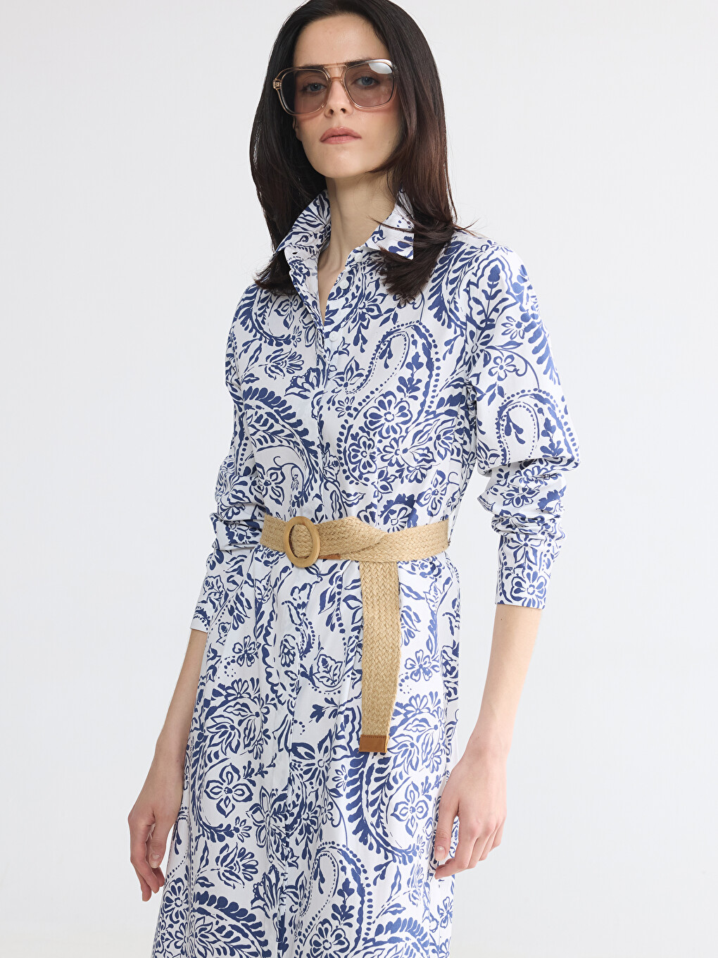 Waist Belted Patterned Shirt Dress