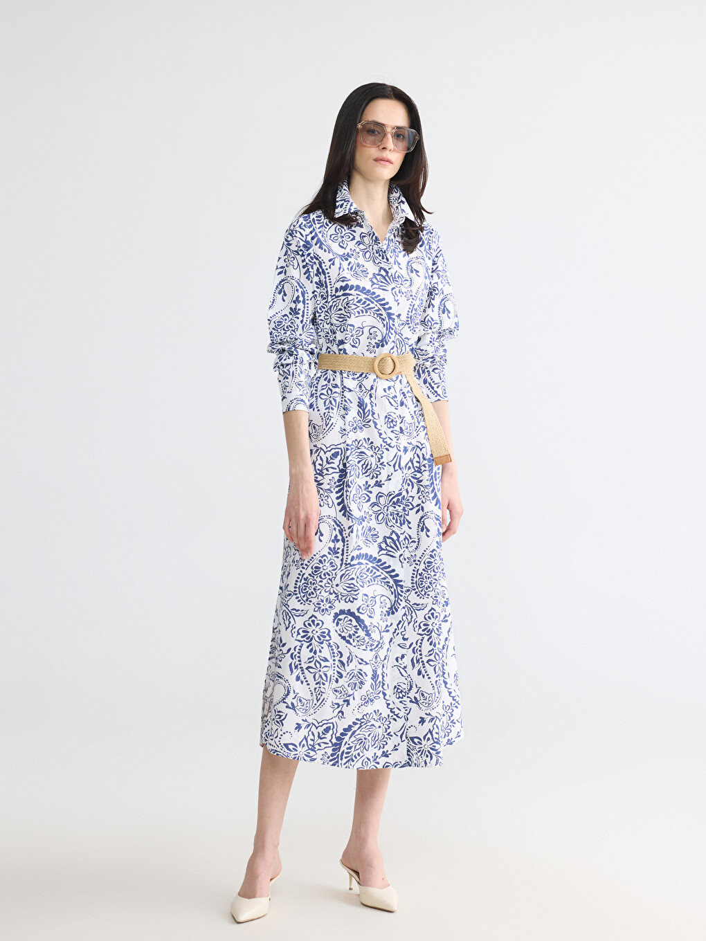 Waist Belted Patterned Shirt Dress-1