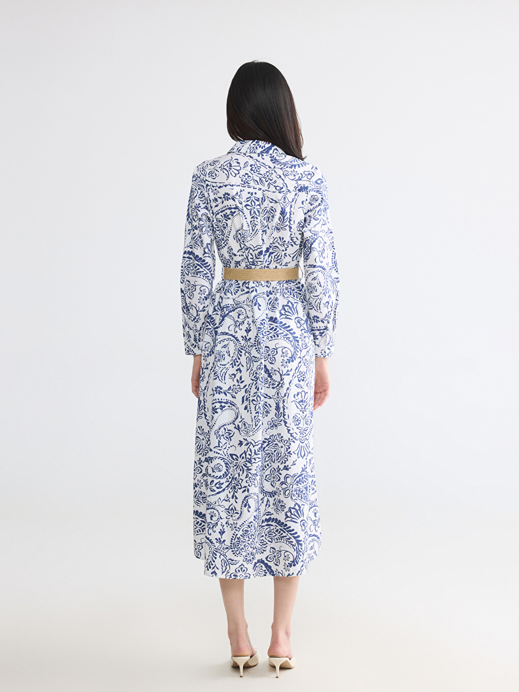 Waist Belted Patterned Shirt Dress-3