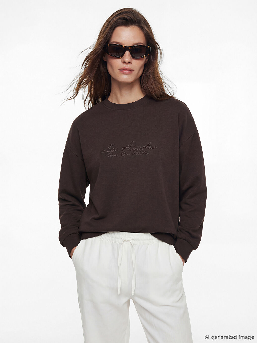 Kahverengi Los Angeles Nakışlı Soft Touch Kadın Sweatshirt Tunik