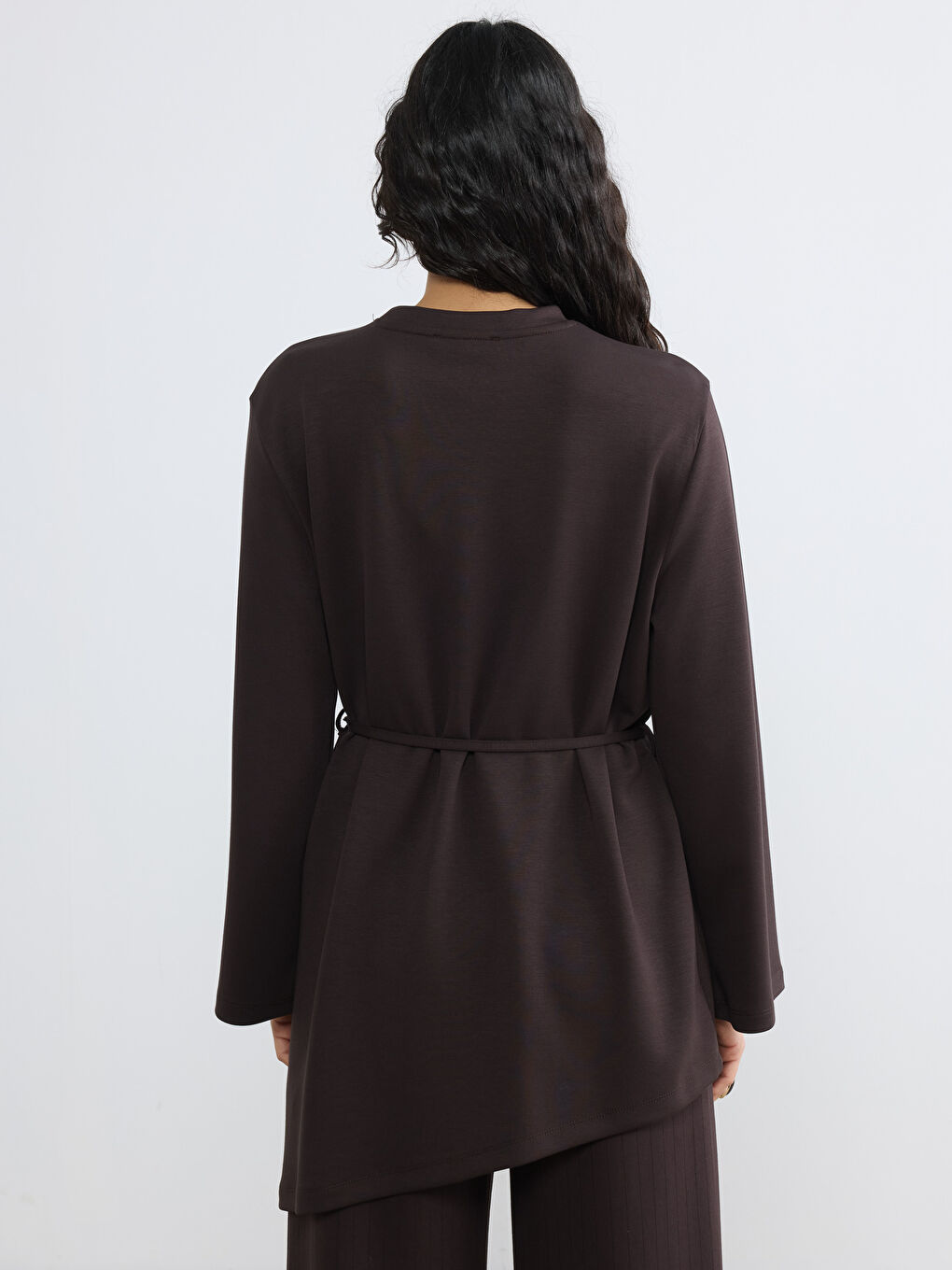 Kahverengi Bisiklet Yaka Asimetrik Kesim Bluz-3