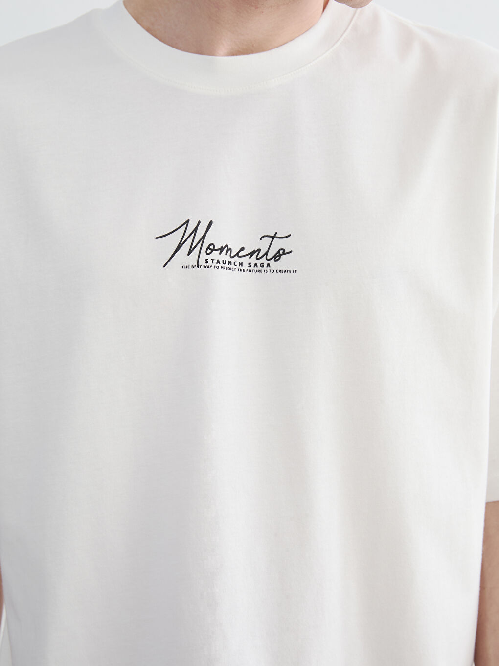 Ekru Oversize Bisiklet Yaka Baskılı Erkek Tişört-2