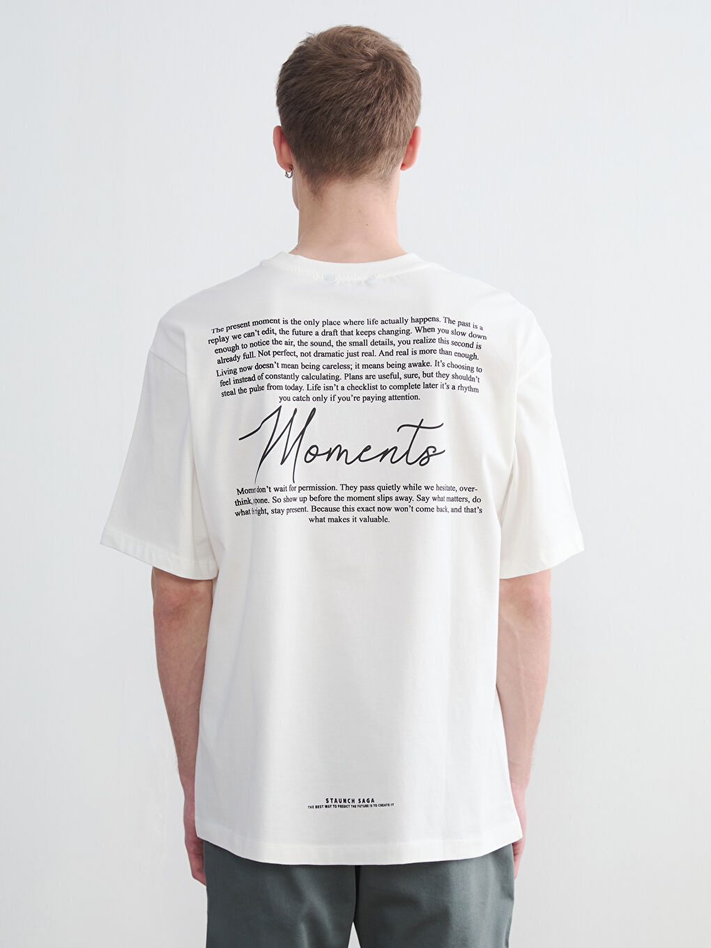 Ekru Oversize Bisiklet Yaka Baskılı Erkek Tişört-3