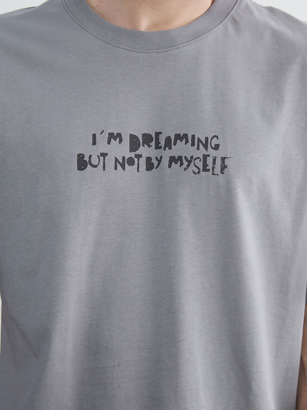 Gri Bisiklet Yaka Baskılı Erkek Tişört-2