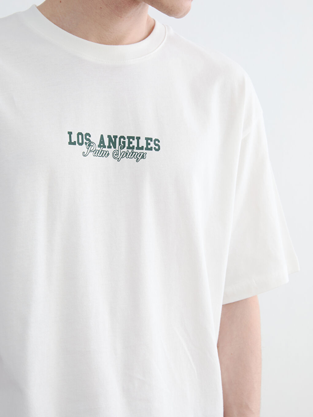 Ekru Bisiklet Yaka Los Angeles Baskılı Penye Erkek Tişört-2