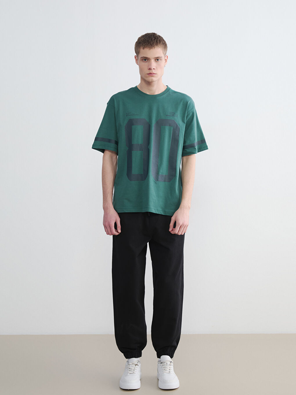 Yeşil Bisiklet Yaka Oversize Baskılı Erkek Tişört-1