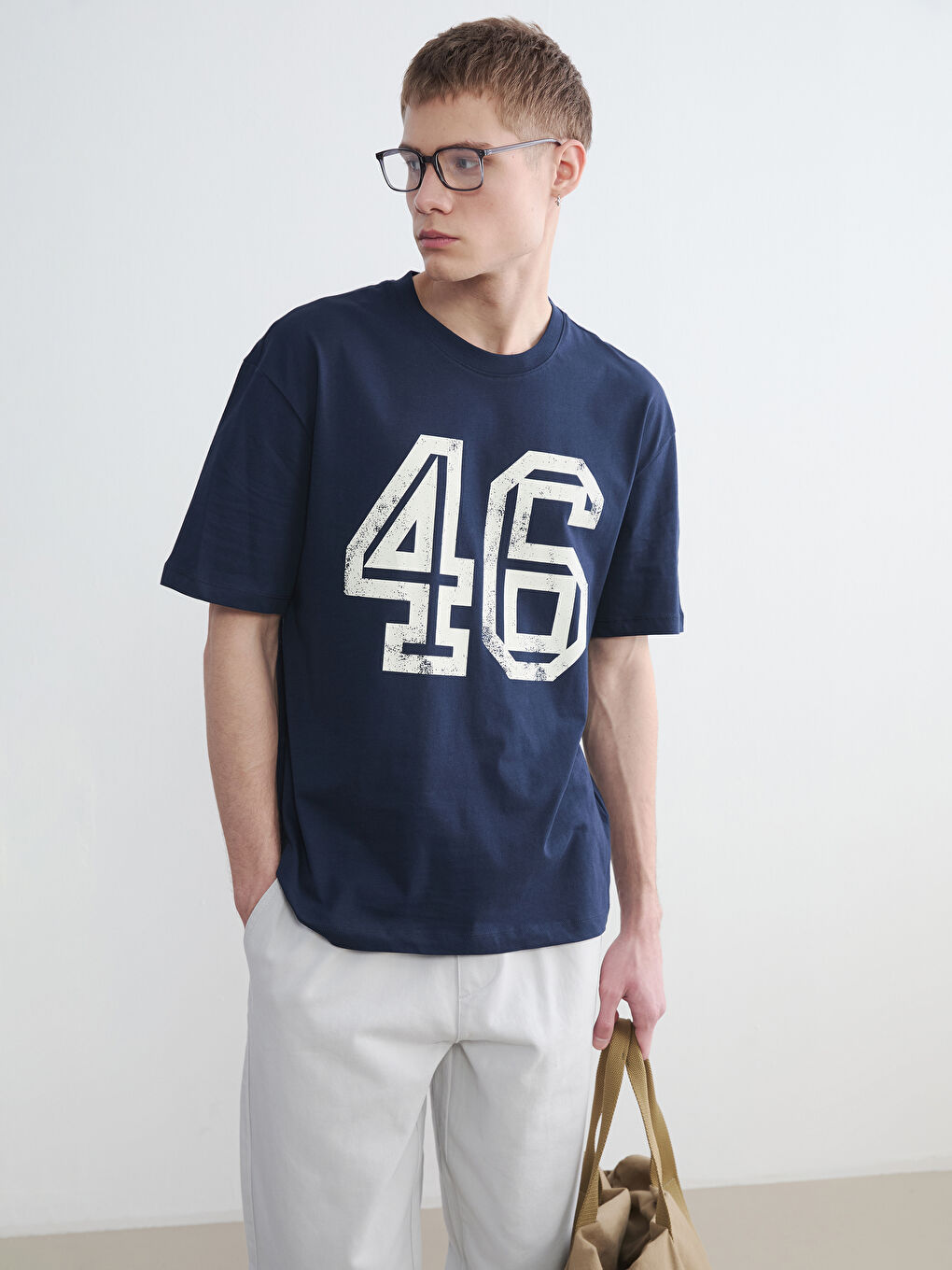 Lacivert Bisiklet Yaka Baskılı Penye Erkek Tişört