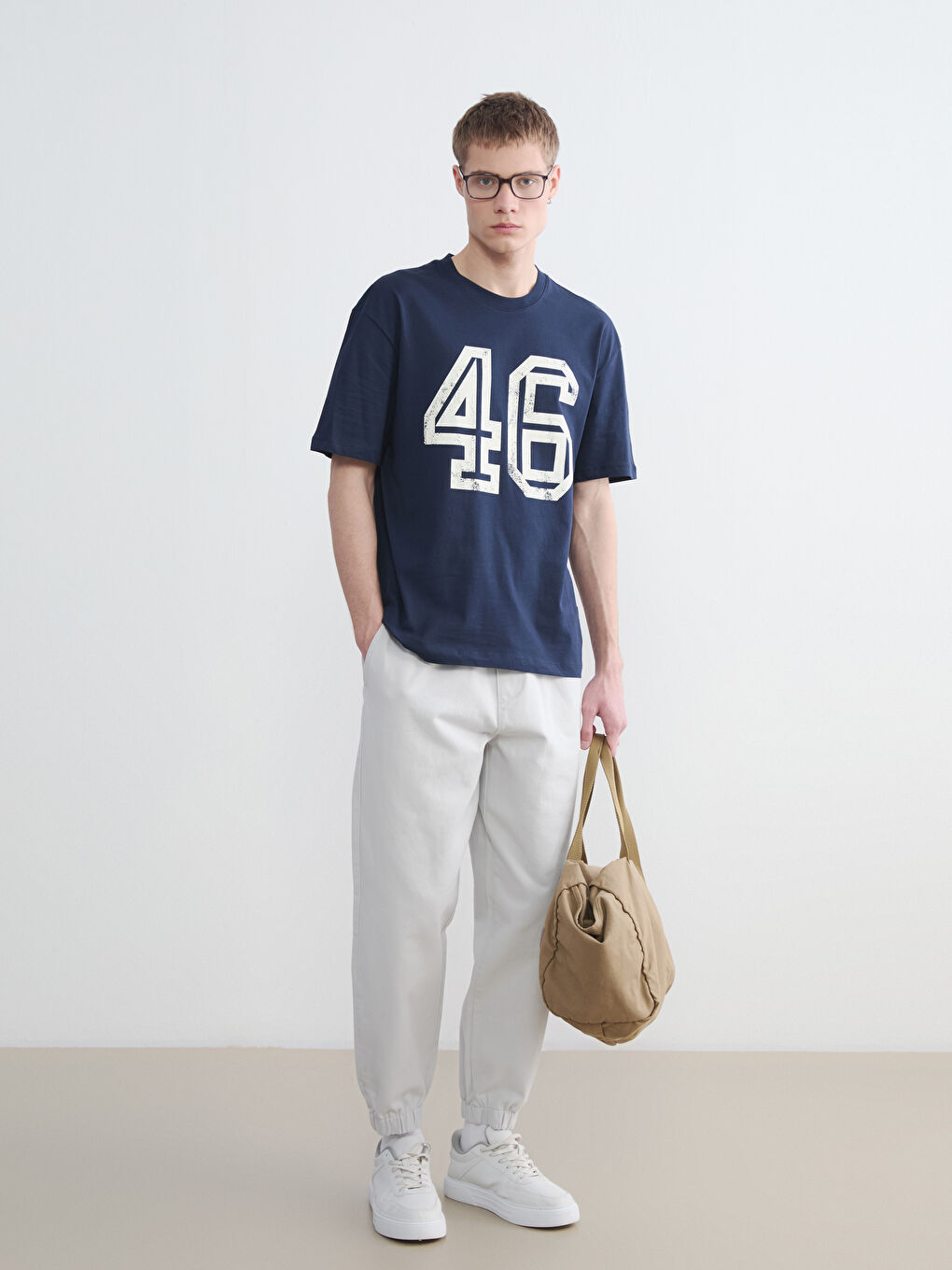 Lacivert Bisiklet Yaka Baskılı Penye Erkek Tişört-1